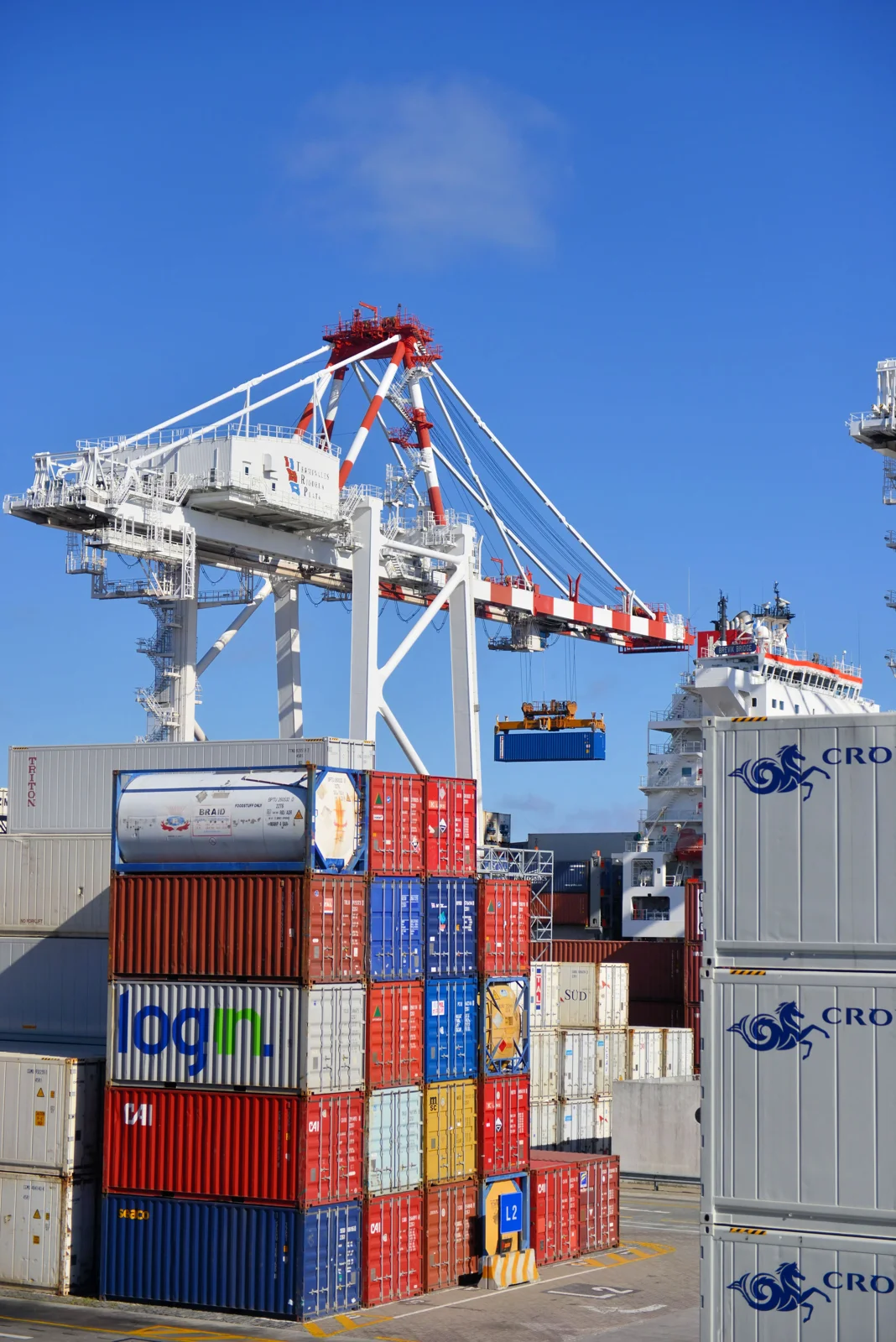 Grúas portuarias y contenedores de carga en una terminal marítima